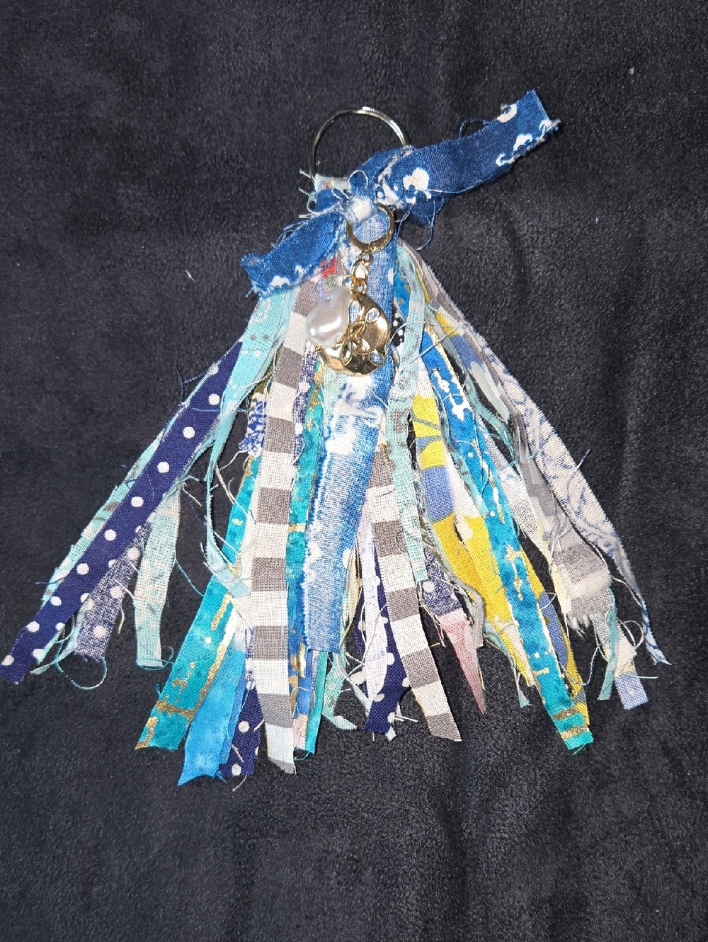 Blue & Aqua Fabric Tassel Keyring with Gold Charm